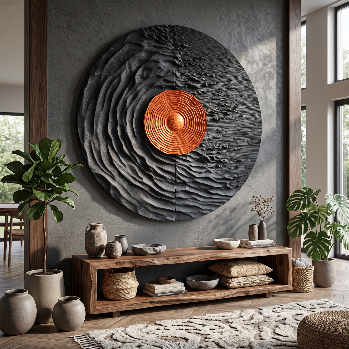 Round Solid Wood Wall Art with Solar Vortex and Textured Relief