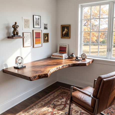 Floating Solid Wood Desk with Live Edge Slab and Organic Wall Mounted Design