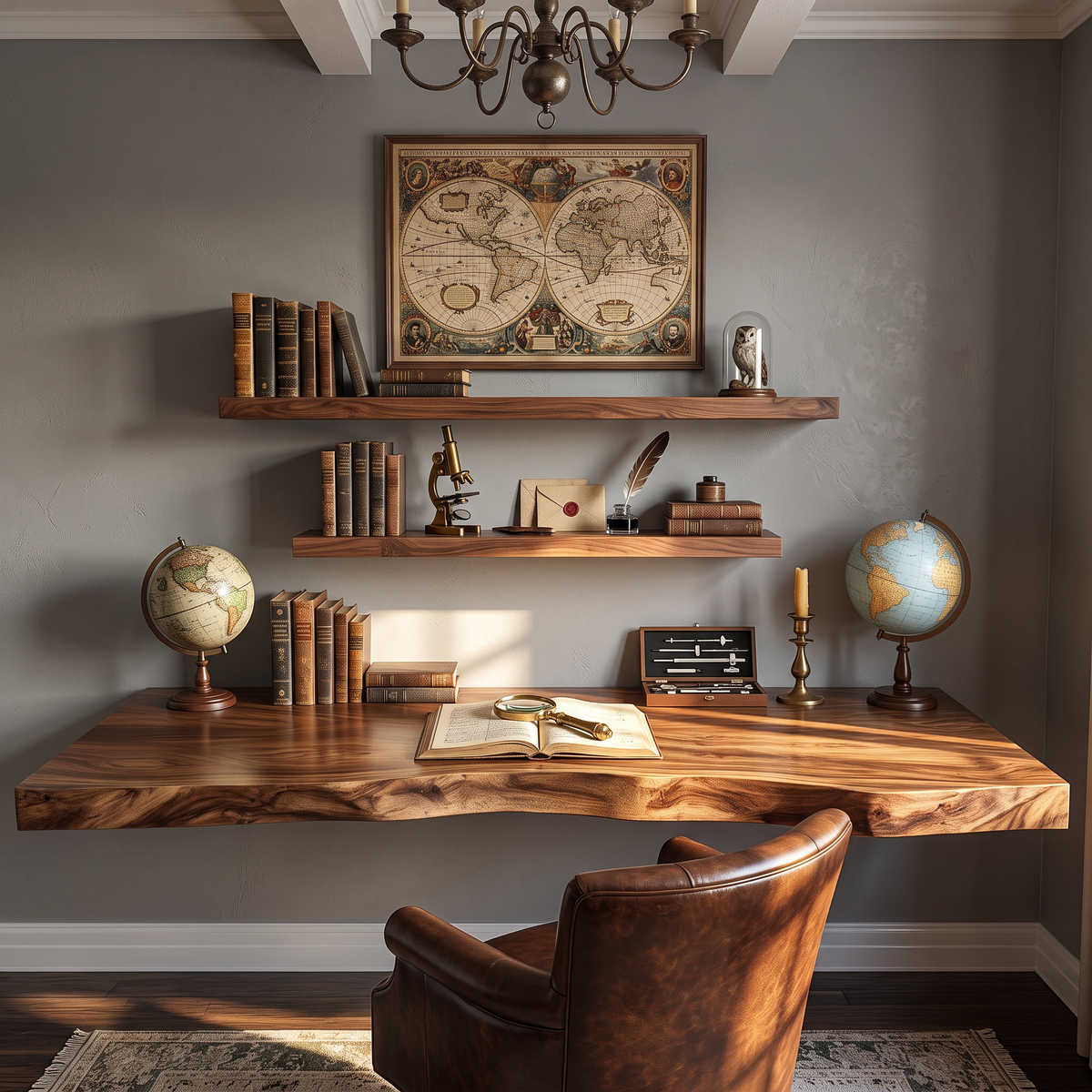 Floating Solid Wood Corner Desk with Live Edge Surface and Organic Wall Mounted Design