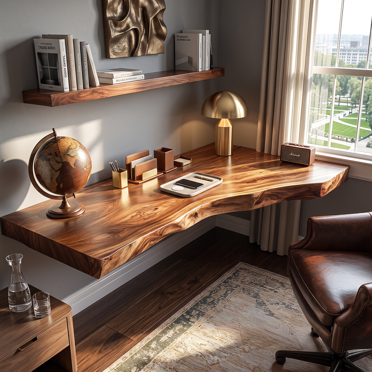 Floating Solid Wood Corner Desk with Live Edge Surface and Organic Wall Mounted Design