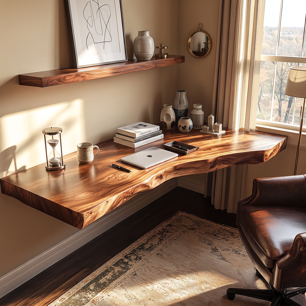 Floating Solid Wood Corner Desk with Live Edge Surface and Organic Wall Mounted Design