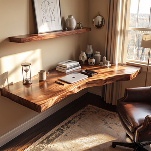Floating Solid Wood Corner Desk with Live Edge Surface and Organic Wall Mounted Design