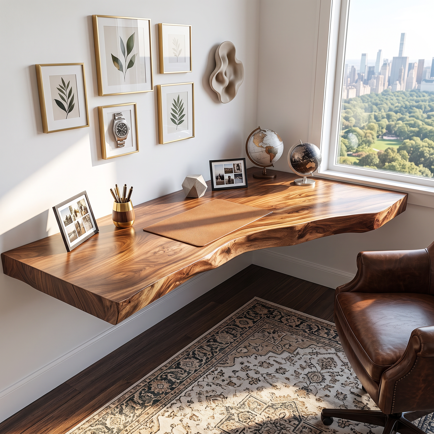 Floating Solid Wood Corner Desk with Live Edge Surface and Organic Wall Mounted Design