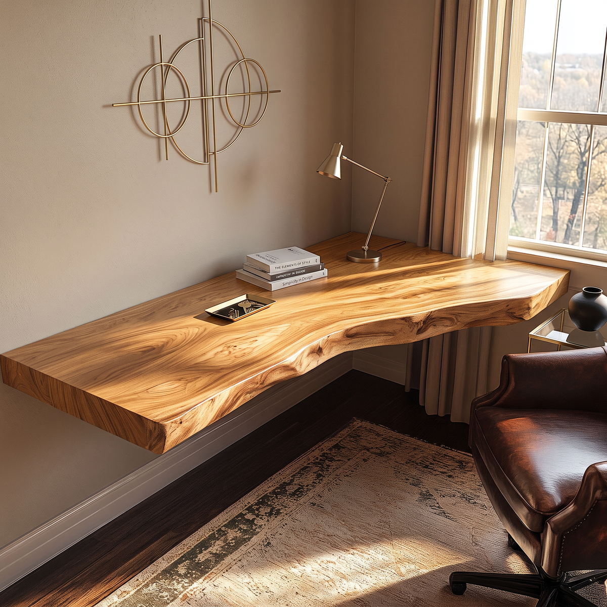 Floating Solid Wood Corner Desk with Live Edge Surface and Organic Wall Mounted Design