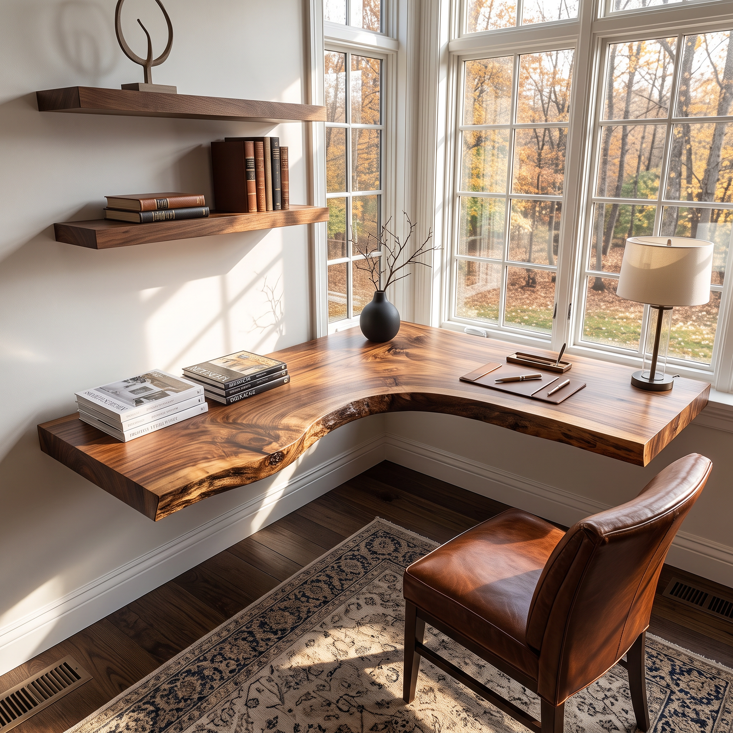 Floating Solid Wood Corner Desk with L-Shaped Live Edge Surface and Wall Mounted Design