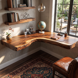 Floating Solid Wood Corner Desk with L-Shaped Live Edge Surface and Wall Mounted Design
