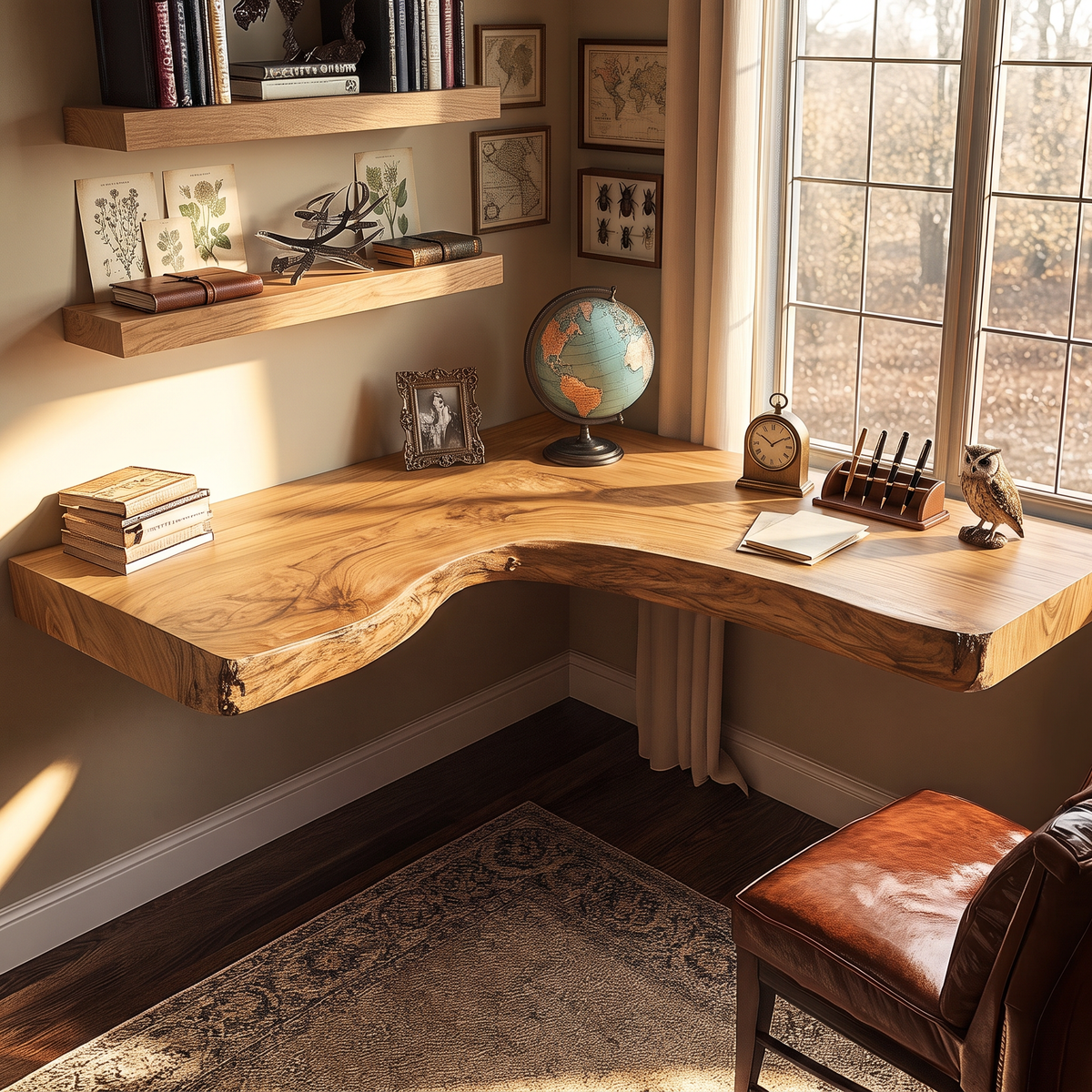 Floating Solid Wood Corner Desk with L-Shaped Live Edge Surface and Wall Mounted Design