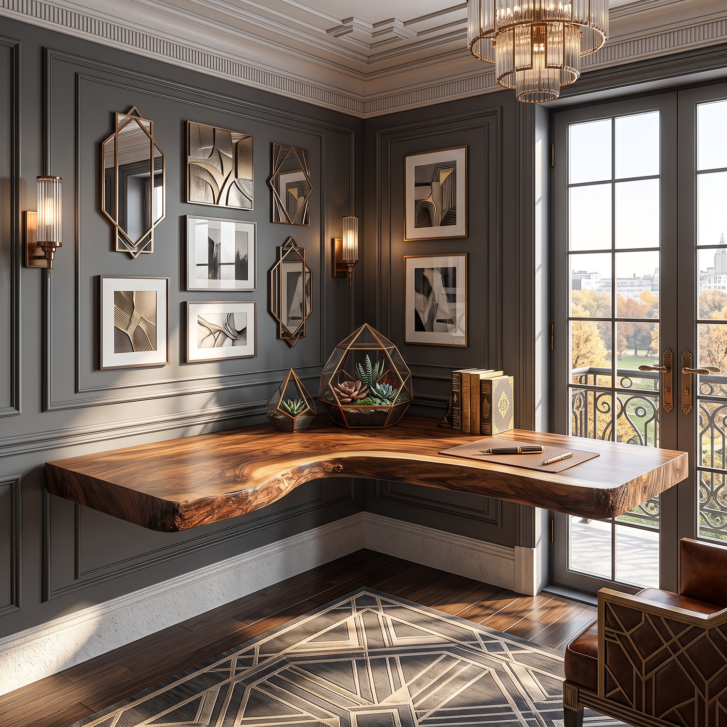 Floating Solid Wood Corner Desk with L-Shaped Live Edge Surface and Wall Mounted Design