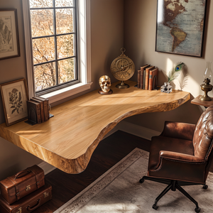 Floating Solid Wood Corner Desk with Curved Live Edge and Natural Slab Design