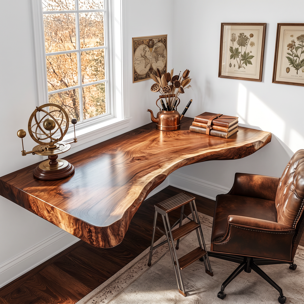 Floating Solid Wood Corner Desk with Curved Live Edge and Natural Slab Design