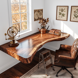 Floating Solid Wood Corner Desk with Curved Live Edge and Natural Slab Design