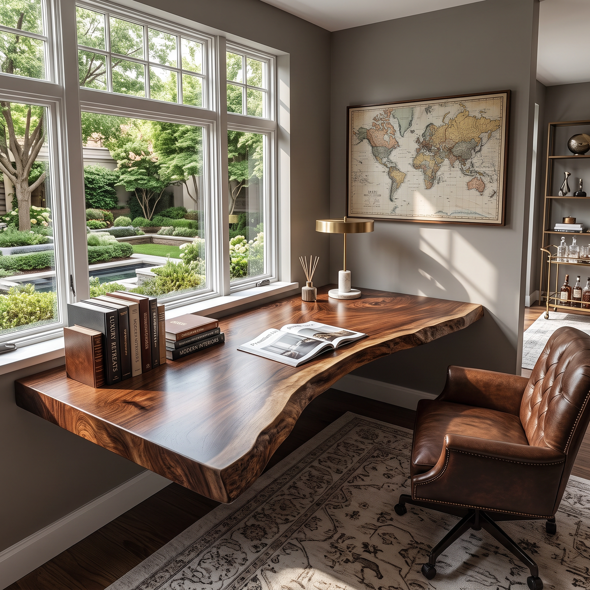 Floating Solid Wood Corner Desk with Curved Live Edge and Natural Slab Design