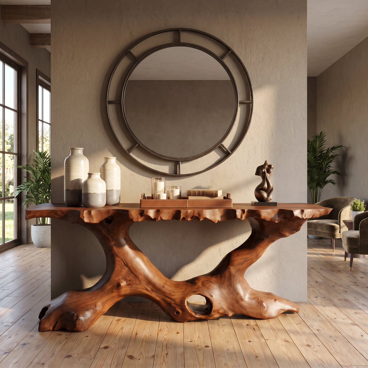 Console Table Solid Wood with Organic Tree Root Base for Entryway Decor