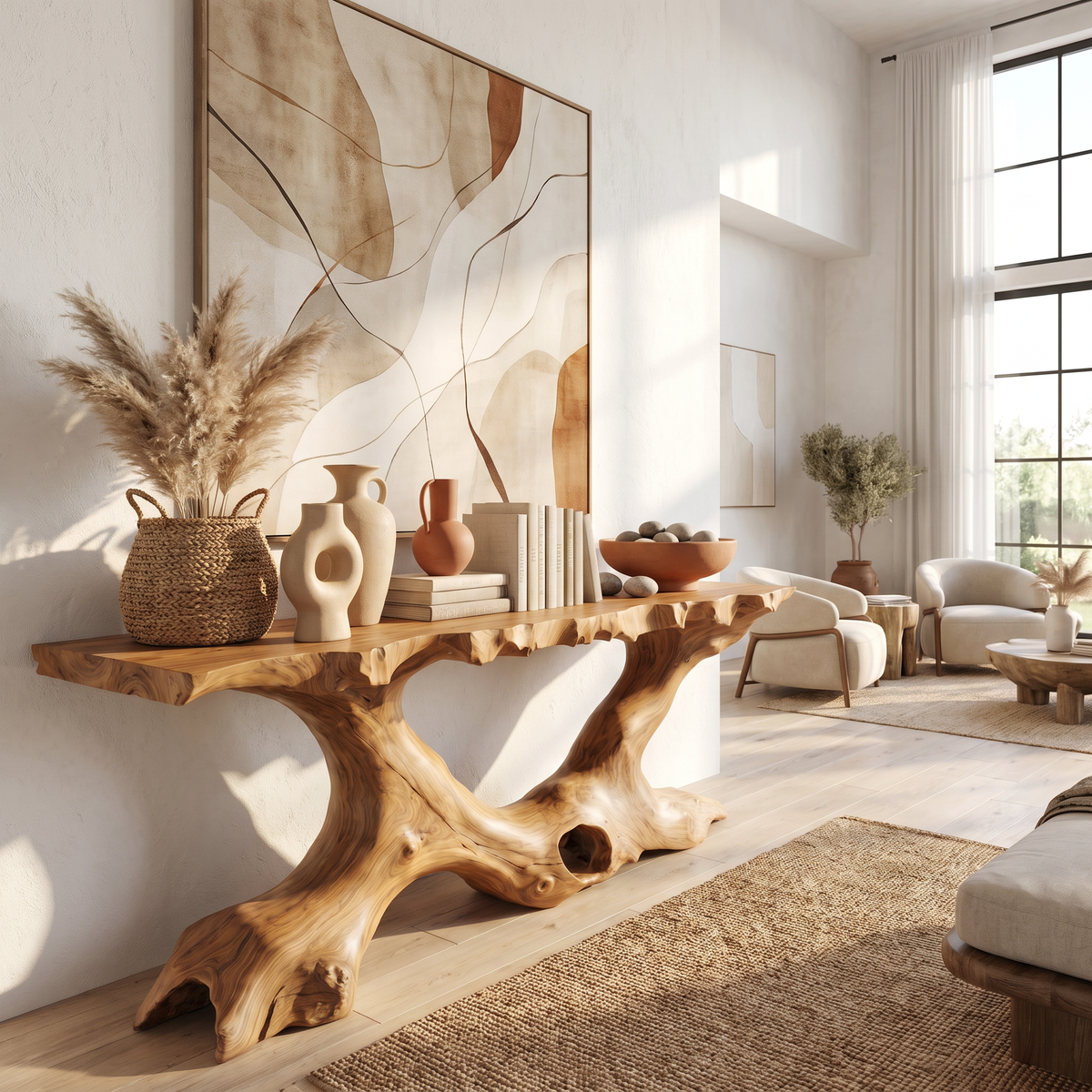 Console Table Solid Wood with Organic Tree Root Base for Entryway Decor