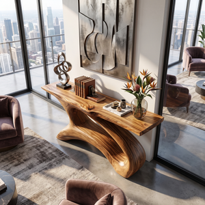 Modern Sculptural Solid Wood Console Table with Open Curved Base