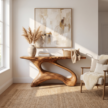 Modern Sculptural Solid Wood Console Table with Open Curved Base