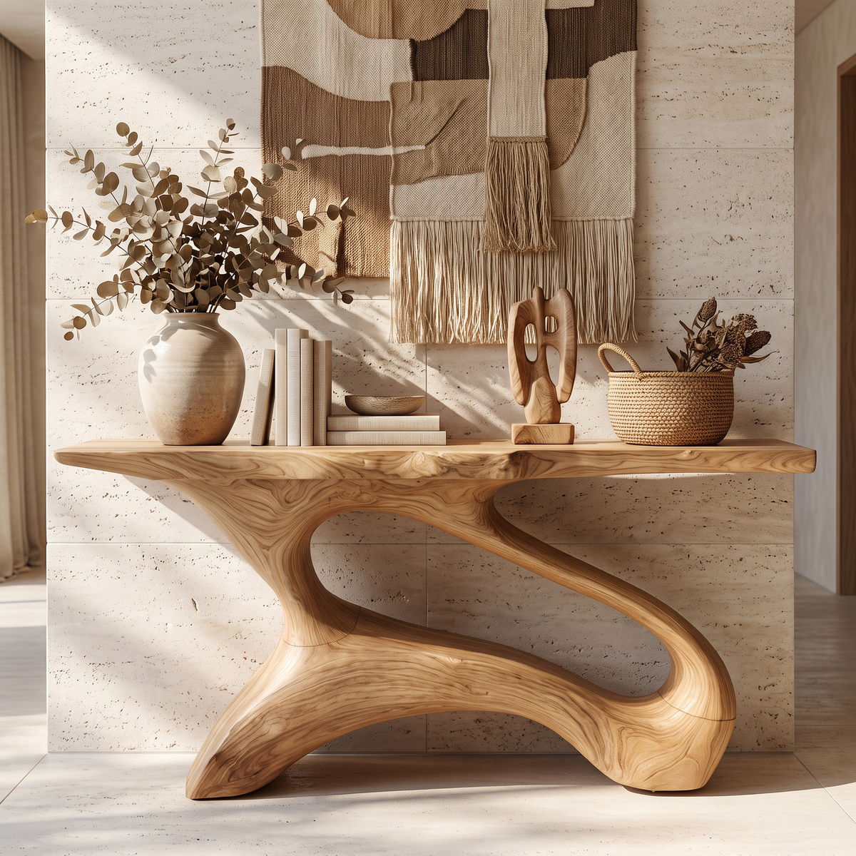 Modern Sculptural Solid Wood Console Table with Open Curved Base