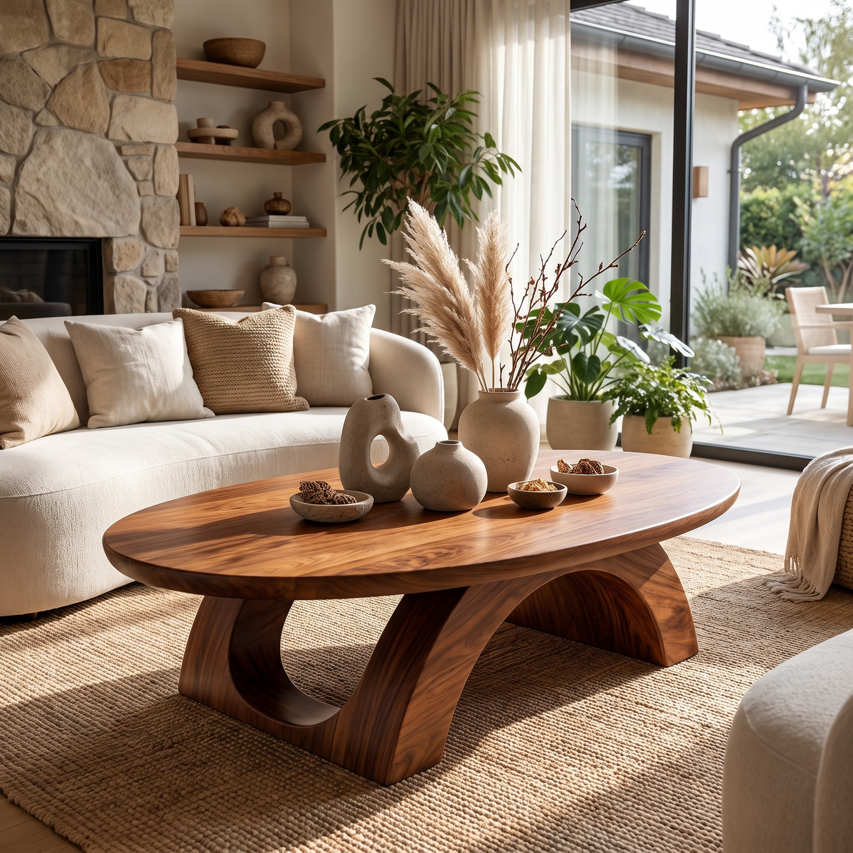 Coffee Table Solid Wood with Sculptural Twin Arch Base