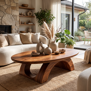 Coffee Table Solid Wood with Sculptural Twin Arch Base