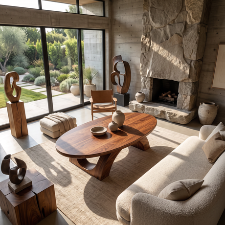 Coffee Table Solid Wood with Sculptural Twin Arch Base