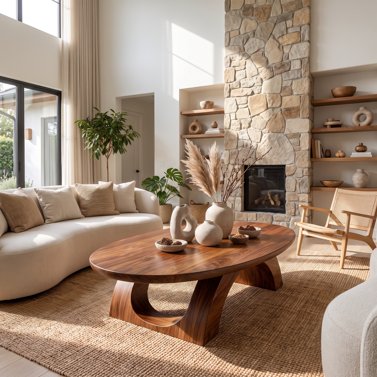 Coffee Table Solid Wood with Sculptural Twin Arch Base
