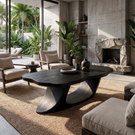 Coffee Table Solid Wood with Sculptural Ribbon Base for Living Room