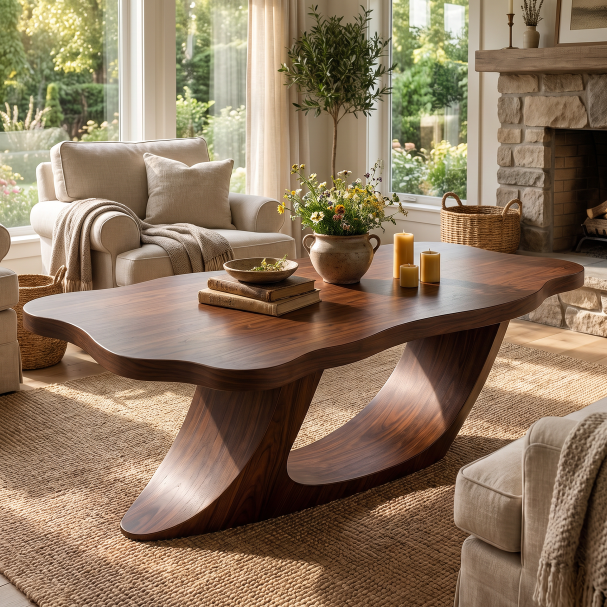 Coffee Table Solid Wood with Sculptural Ribbon Base for Living Room