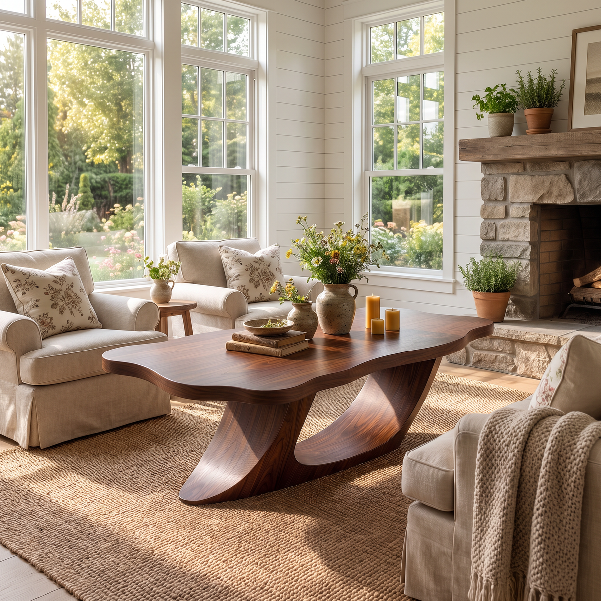 Coffee Table Solid Wood with Sculptural Ribbon Base for Living Room