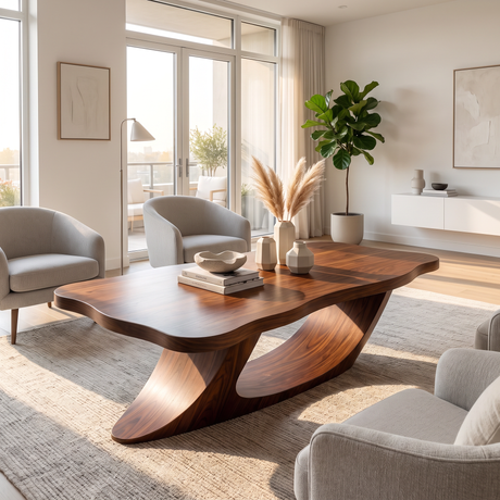 Coffee Table Solid Wood with Sculptural Ribbon Base for Living Room