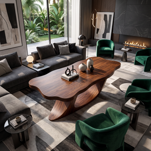 Coffee Table Solid Wood with Sculptural Ribbon Base for Living Room