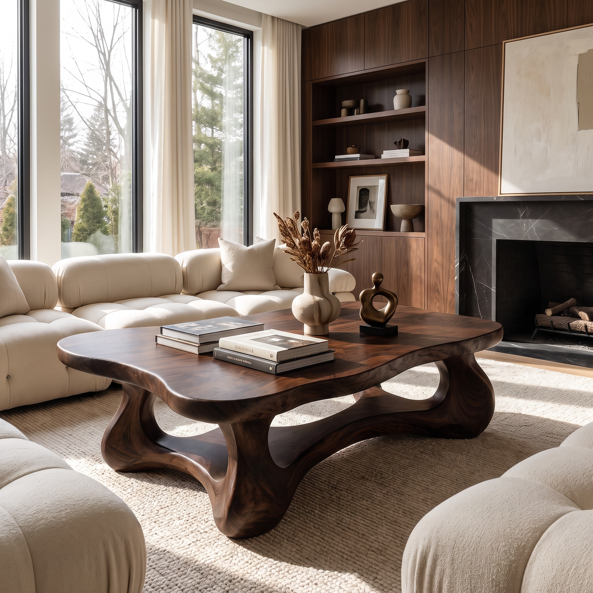 Coffee Table Solid Wood with Sculptural Interconnected Arch Base
