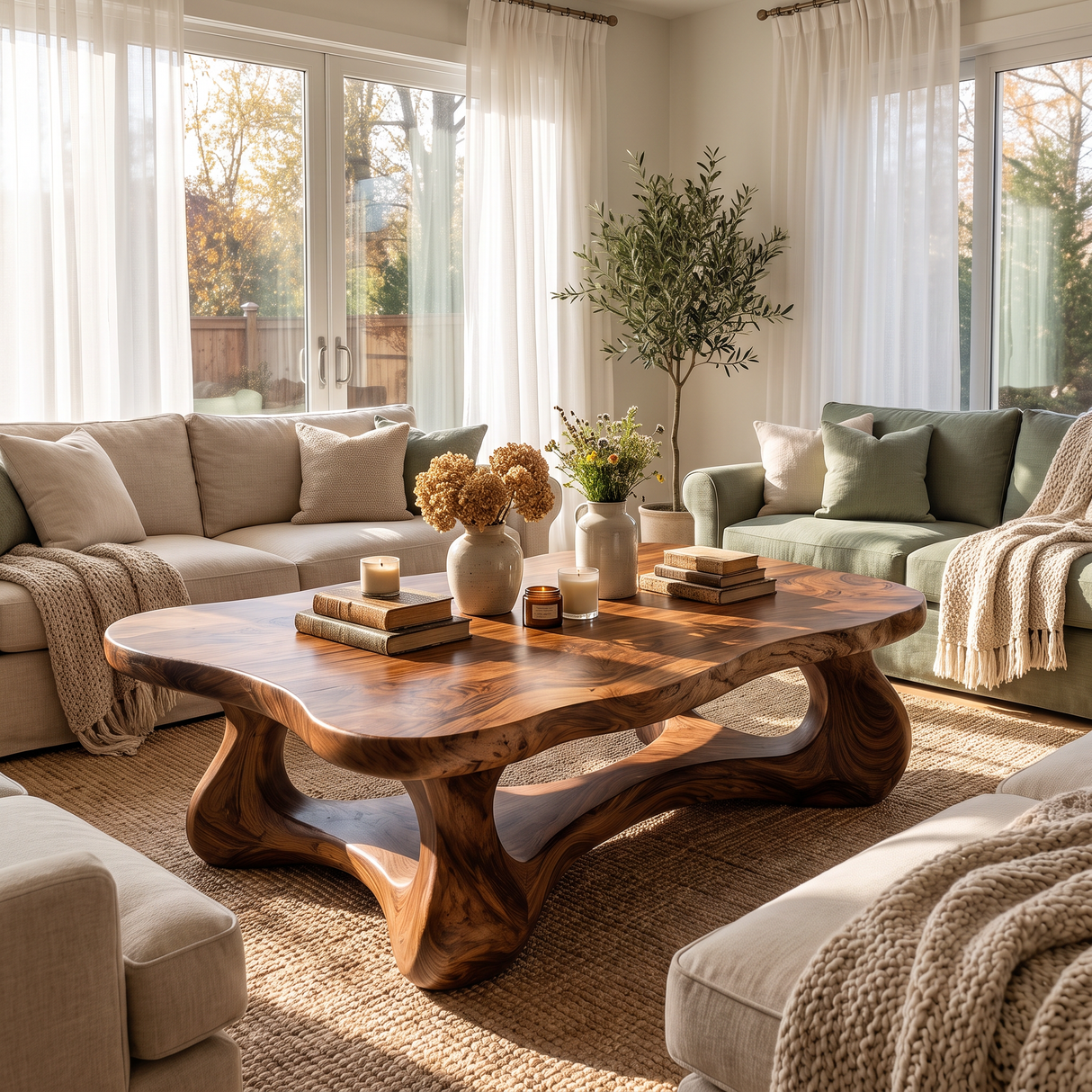 Coffee Table Solid Wood with Sculptural Interconnected Arch Base