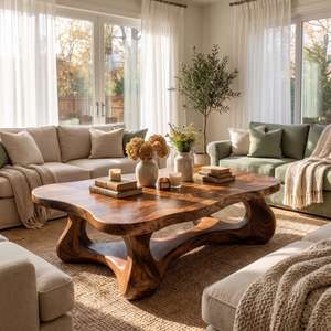 Coffee Table Solid Wood with Sculptural Interconnected Arch Base