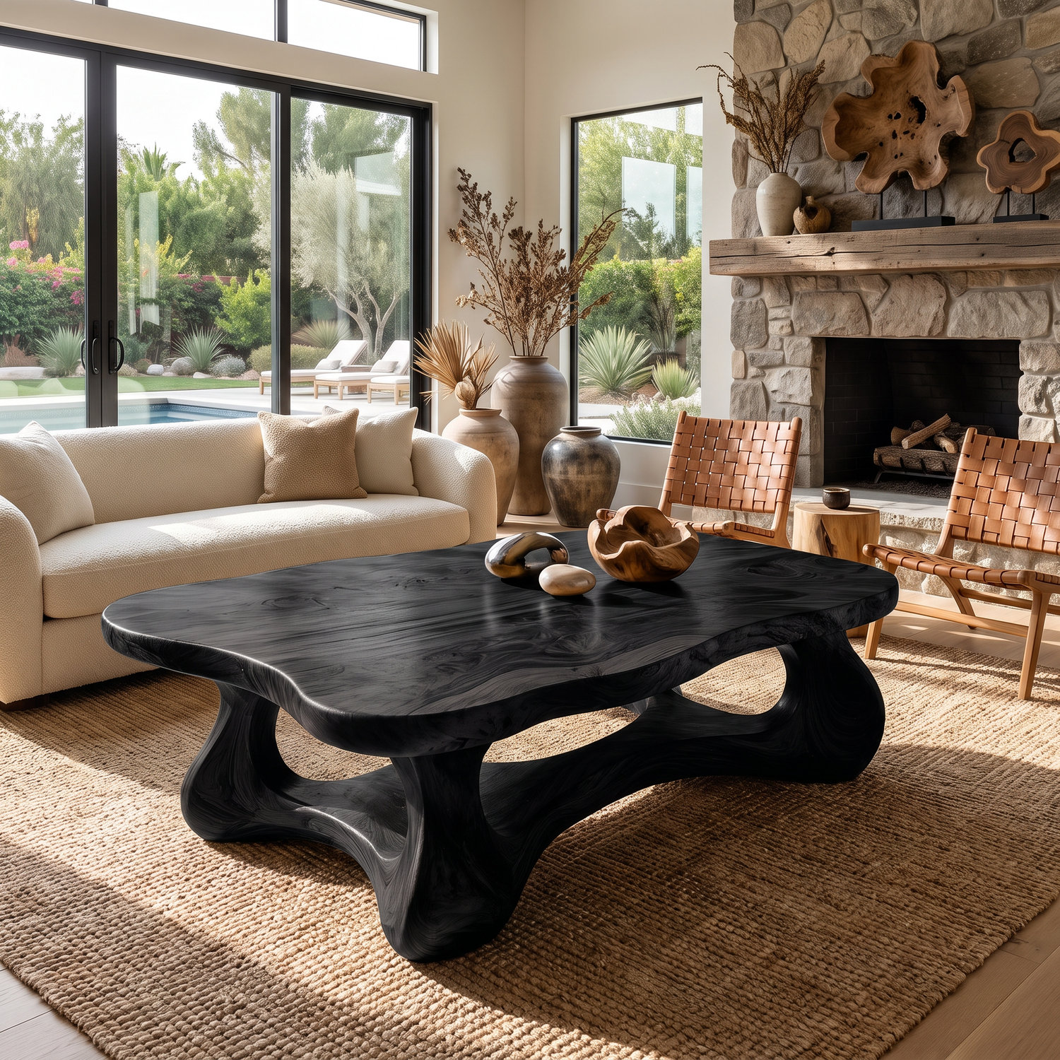 Coffee Table Solid Wood with Sculptural Interconnected Arch Base
