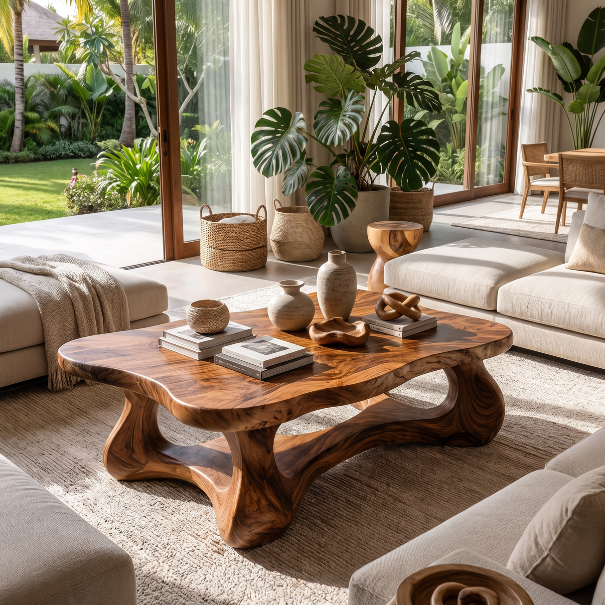 Coffee Table Solid Wood with Sculptural Interconnected Arch Base