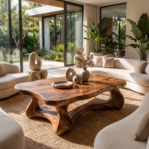 Coffee Table Solid Wood with Sculptural Interconnected Arch Base