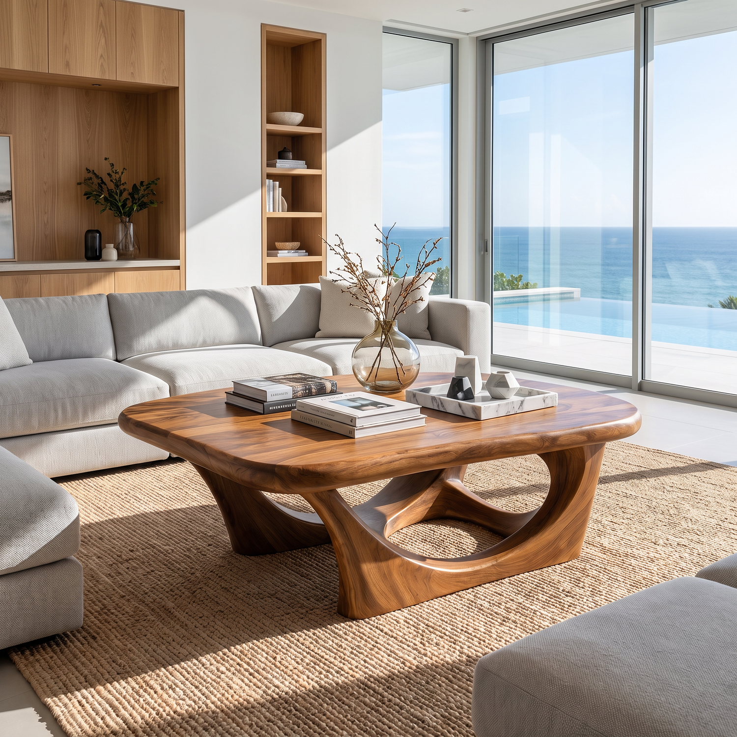 Coffee Table Solid Wood with Sculptural Interlocking Loop Base