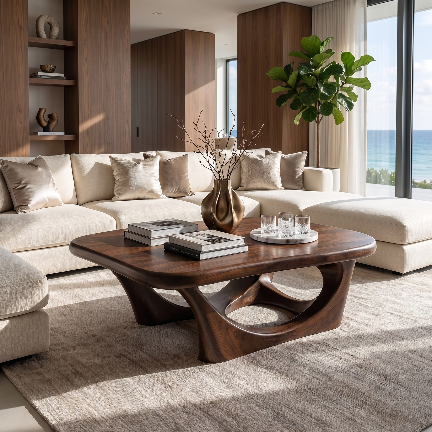 Coffee Table Solid Wood with Sculptural Interlocking Loop Base