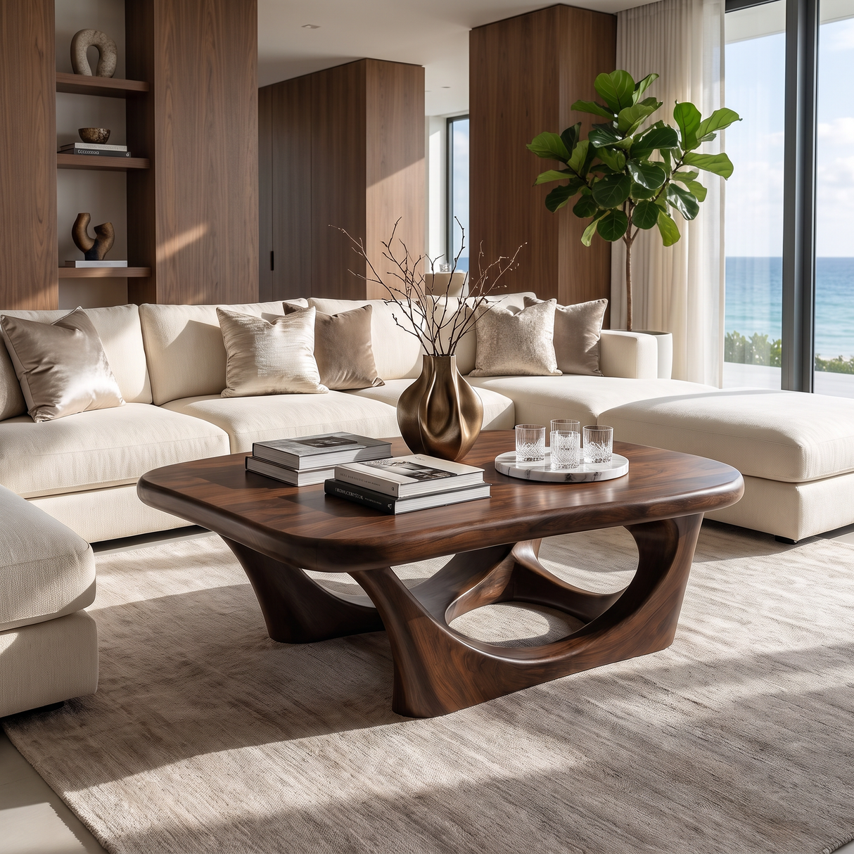 Coffee Table Solid Wood with Sculptural Interlocking Loop Base