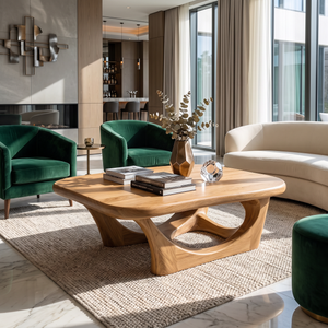 Coffee Table Solid Wood with Sculptural Interlocking Loop Base