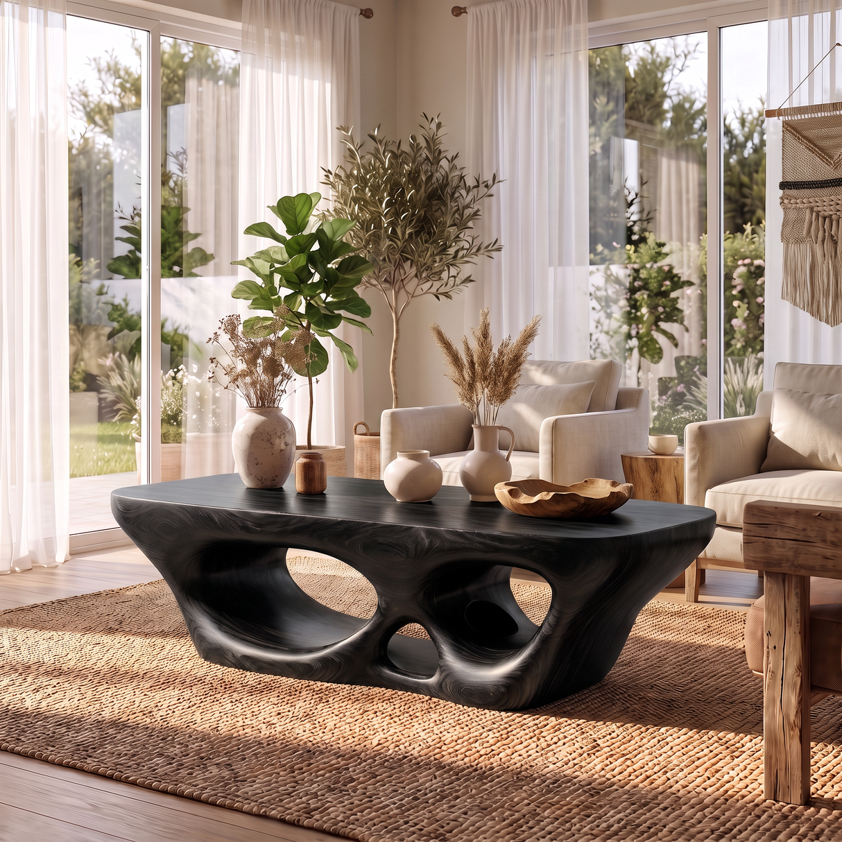 Coffee Table Solid Wood with Sculptural Multi Arch Base for Living Room