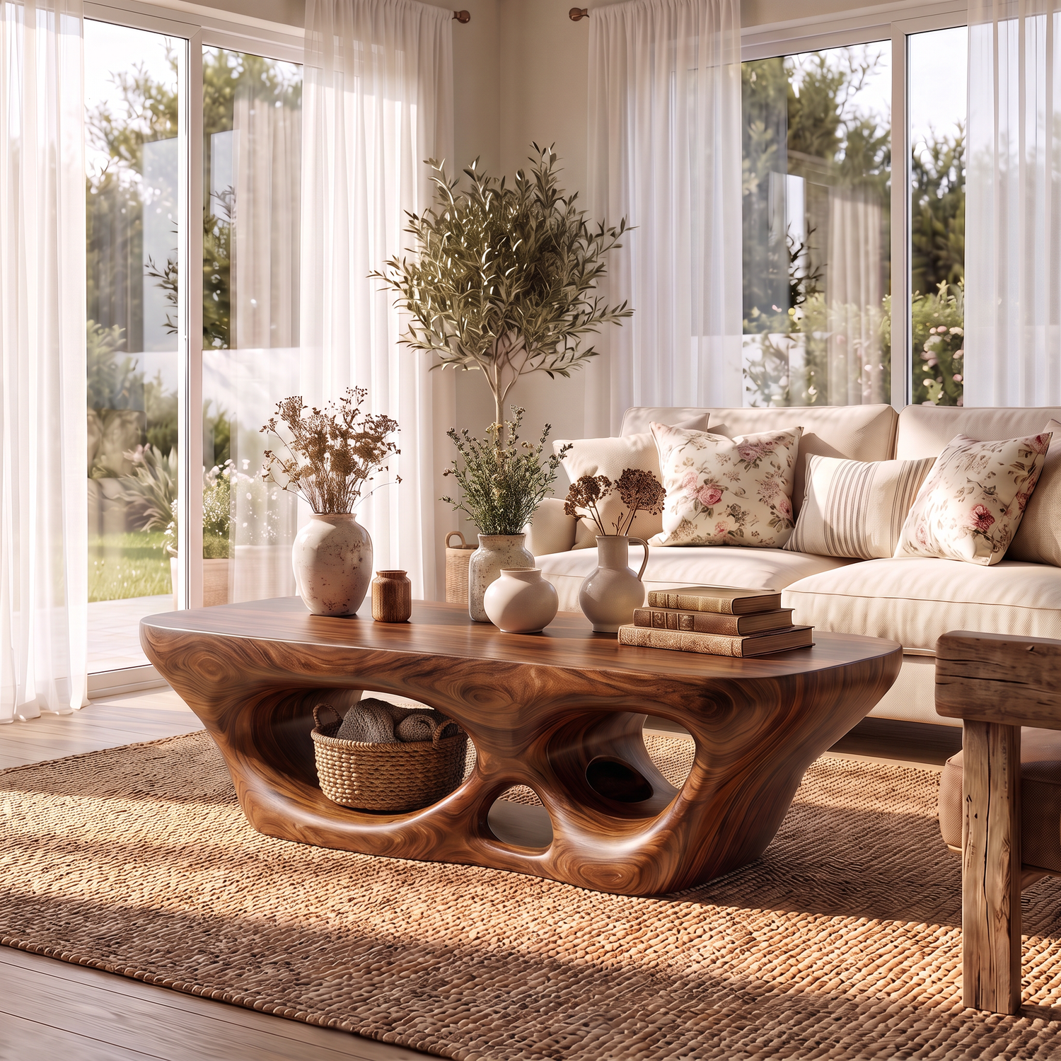 Coffee Table Solid Wood with Sculptural Multi Arch Base for Living Room
