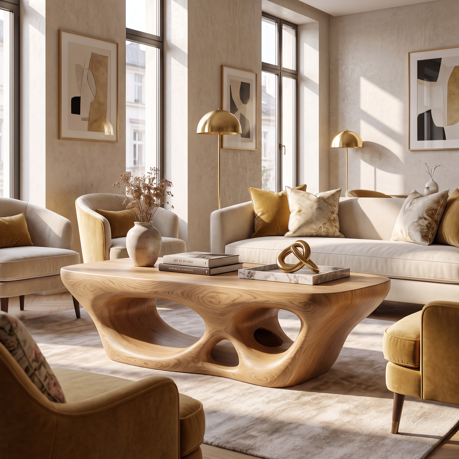 Coffee Table Solid Wood with Sculptural Multi Arch Base for Living Room