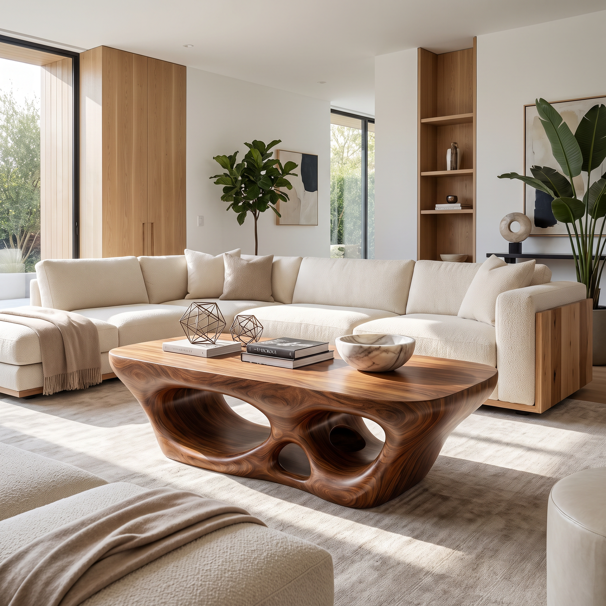 Coffee Table Solid Wood with Sculptural Multi Arch Base for Living Room