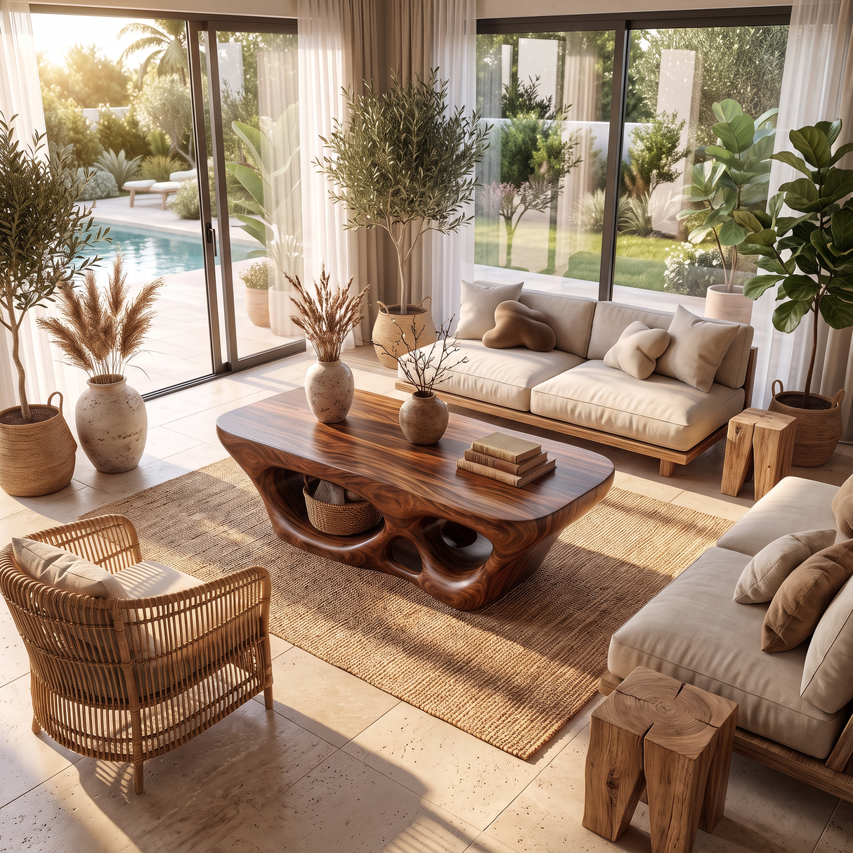 Coffee Table Solid Wood with Sculptural Multi Arch Base for Living Room