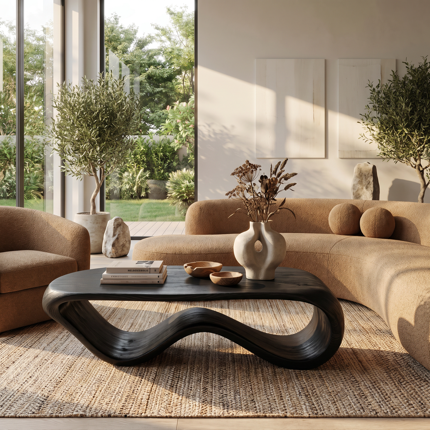 Solid Wood Coffee Table with Continuous Wave Hollow Base