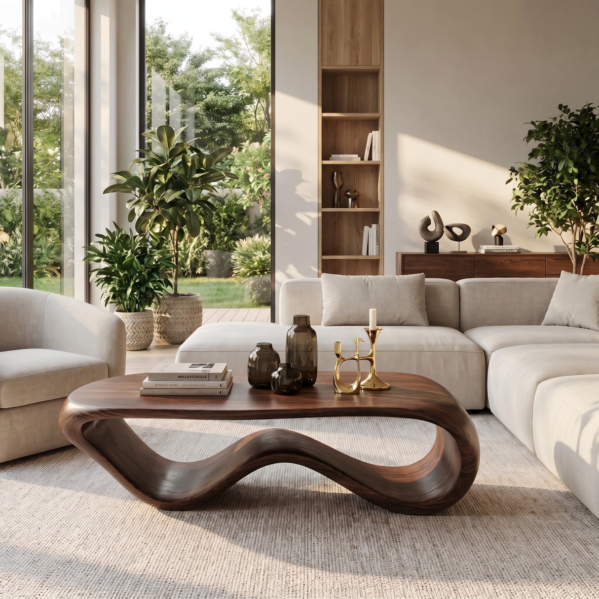 Solid Wood Coffee Table with Continuous Wave Hollow Base