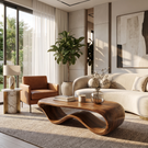 Solid Wood Coffee Table with Continuous Wave Hollow Base