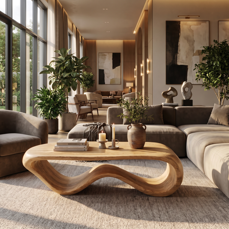Solid Wood Coffee Table with Continuous Wave Hollow Base