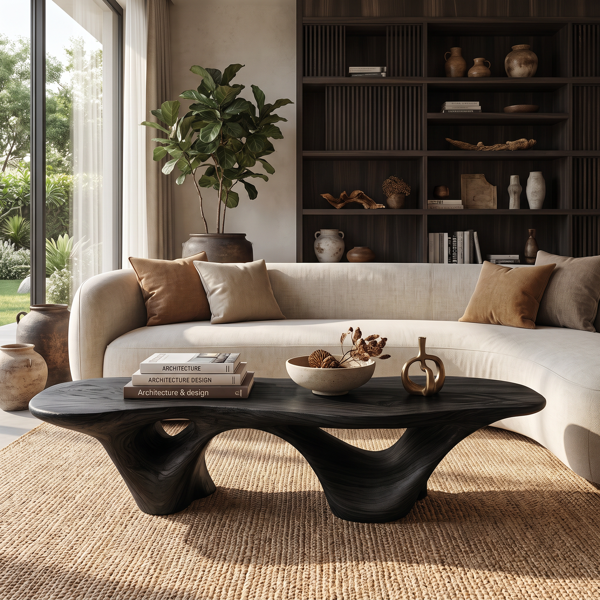 Coffee Table Solid Wood with Triple Hollow Sculptural Base for Living Room